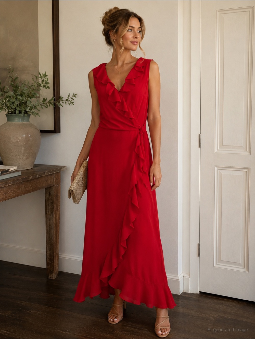 London Times Red Ruffle Faux Wrap Crepe Maxi Dress Size 16 Formal